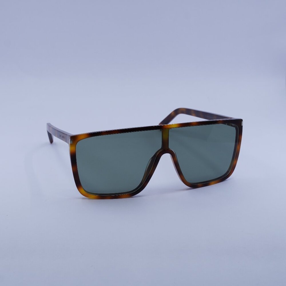 Saint Laurent SL364 MASK ACE 002 Sunglasses Havana Shield Frame, Green Lenses